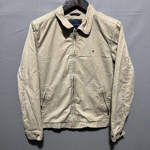 Tommy Hilfiger Jacket Mens Medium Beige Canvas Full Zip Bomber Lined Preppy